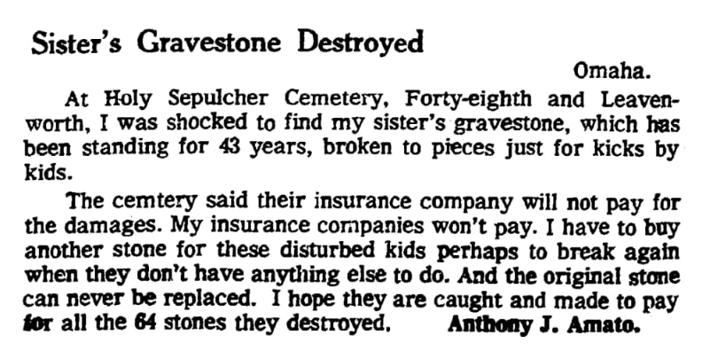 An article about a gravestone being destroyed, Omaha World-Herald newspaper 1 March 1970