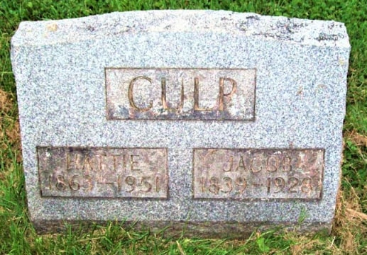 Photo: grave of Jacob Culp (1839-1928) and his wife Hattie Loop Culp (1863-1951), Franklin Square Cemetery, Franklin Square, Columbiana County, Ohio. Credit: David and Joyce Humphrey of Ohio.