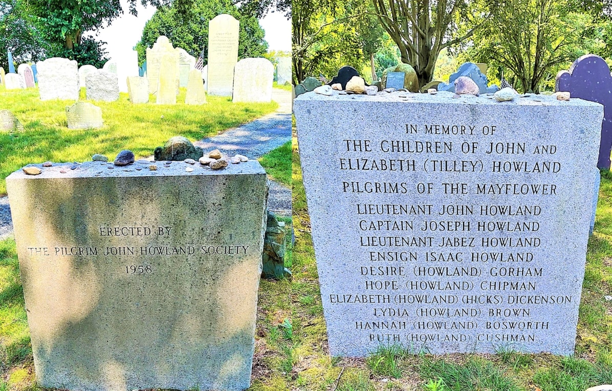 Photo: a cenotaph was placed at Burial Hill in Plymouth, Massachusetts, erected by the Pilgrim John Howland Society, memorializing the children of Mayflower passengers John Howland and Elizabeth (Tilley) Howland. Credit: Walter Perro.