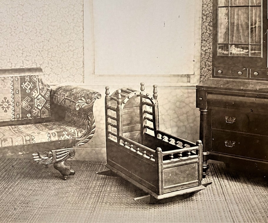 Photo: the Hinckley family cradle, taken by historian Gustavus Adolphus Hinckley at his family home in Barnstable, Massachusetts. Courtesy of Sturgis Library.