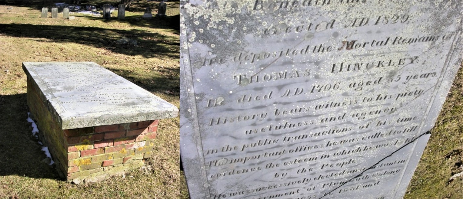 Photos: 1829 Thomas Hinckley Monument (left) and close-up of the inscription (right). Courtesy of Cape Cod Gravestones.