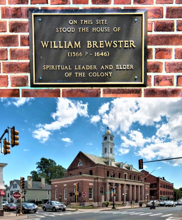 Photos: this historical marker (top) for William Brewster’s house location is at this (bottom) postal address: 6 Main St. Ext, Plymouth, Massachusetts. Courtesy of Historic Marker Database (HMDB). Photo credit: Duane and Tracy Marsteller of Murfreesboro, Tennessee.