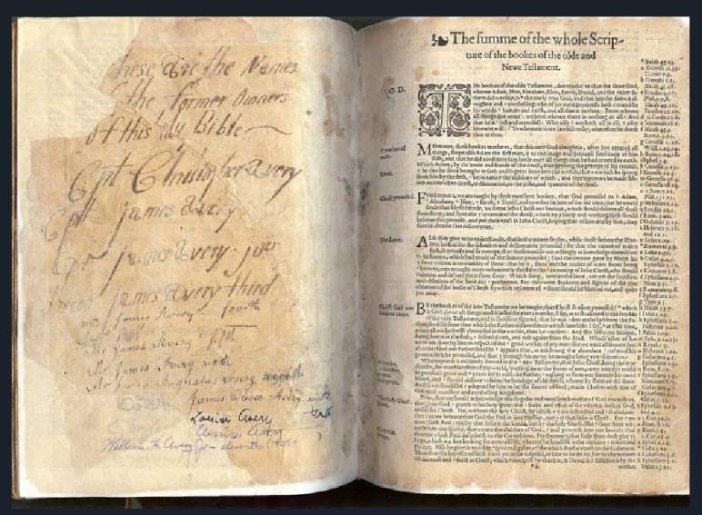 Photo: this 1581 Geneva Bible was brought to America by Christopher Avery in 1630. The Bible continued in the possession of his son James Avery and his descendants. Courtesy of Museums for Digital Learning.
