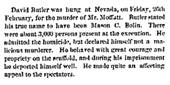 An article about David Butler, San Francisco Bulletin newspaper 4 March 1858
