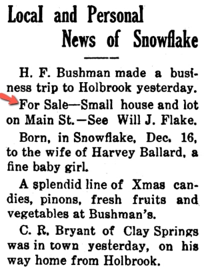 An article about a house for sale, Snowflake Herald newspaper 23 December 1921