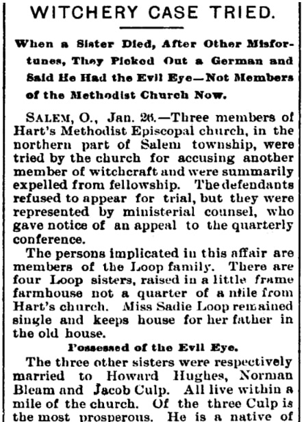 An article about a witchcraft trial, Waterbury Evening Democrat newspaper 26 January 1894
