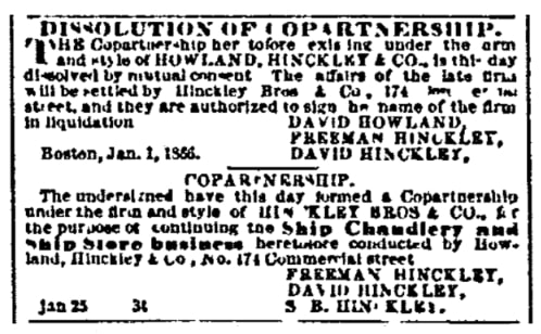 An article about Freeman Hinckley, Boston Daily Advertiser newspaper 26 January 1866