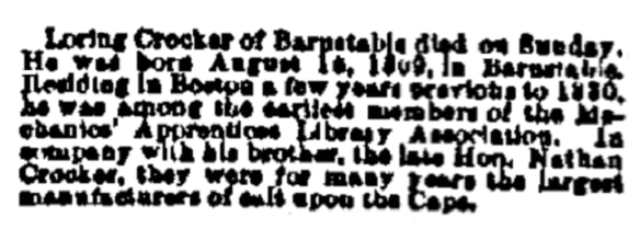 An article about Loring Crocker, Boston Daily Advertiser newspaper 8 March 1887