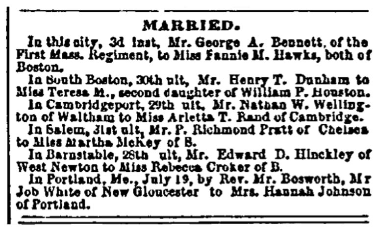 A notice about the Hinckley-Crocker wedding, Boston Daily Advertiser newspaper 5 August 1862