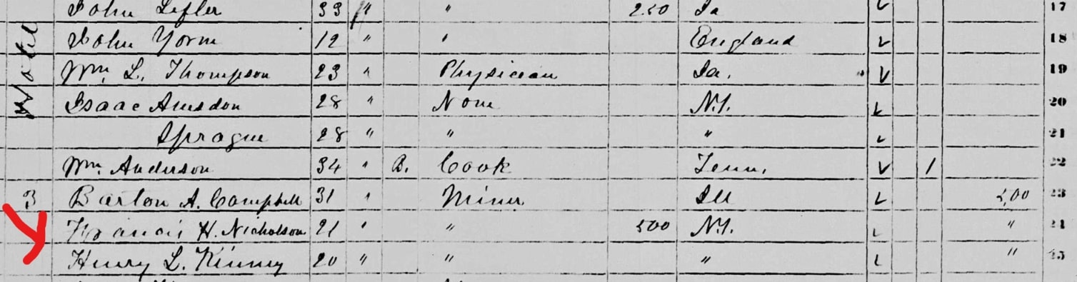 Photo: 1850 census, showing listings for Francis H. Nicholson and Henry L. Kinney. Source: GenealogyBank.