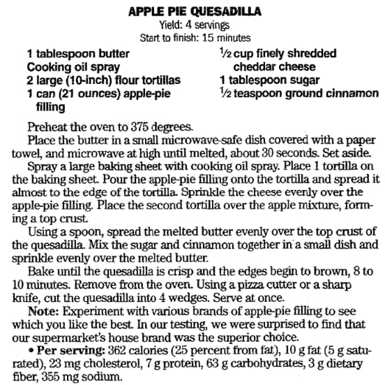 A quesadilla recipe, Columbus Dispatch newspaper 23 January 2002