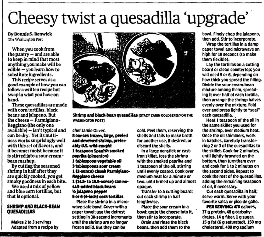 A quesadilla recipe, Columbus Dispatch newspaper 19 September 2018
