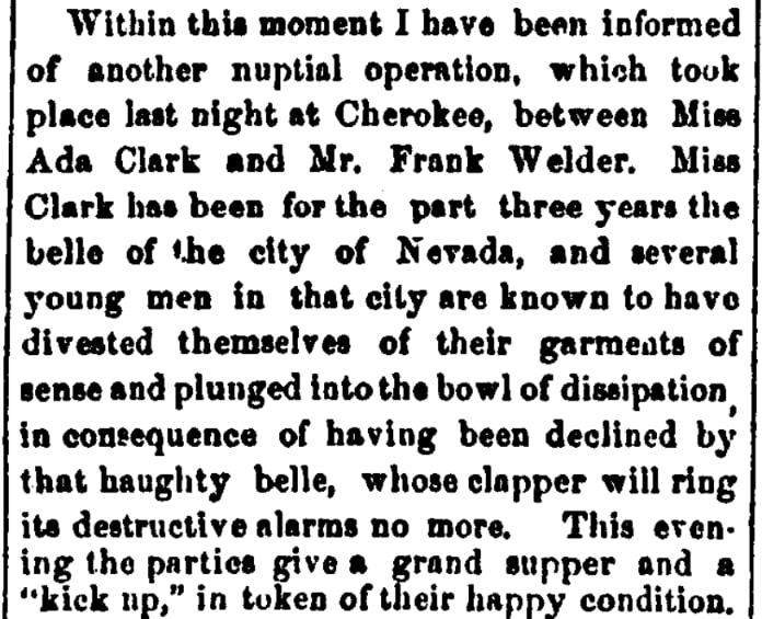 An article about the Wilder-Clark wedding, Daily National Democrat newspaper 6 July 1859