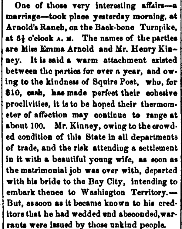 An article about the Kinney-Arnold wedding, Daily National Democrat newspaper 6 July 1859