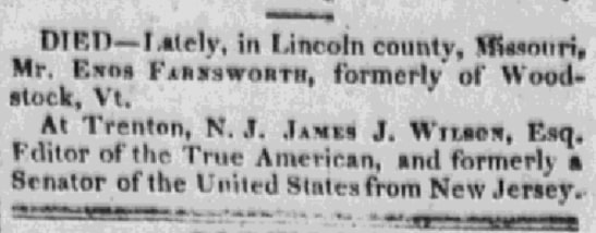 An article about Enos Charles Farnsworth, Edwardsville Spectator newspaper 31 August 1824