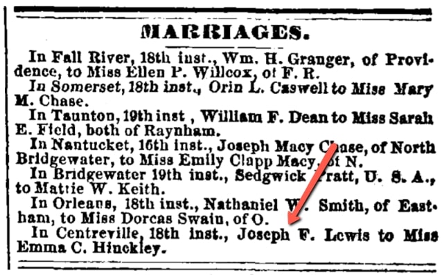 A notice about the wedding of Joseph Lewis and Emma Hinckley, Evening Standard newspaper 23 November 1869