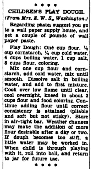 An article about play dough, Evening Star newspaper 10 November 1949