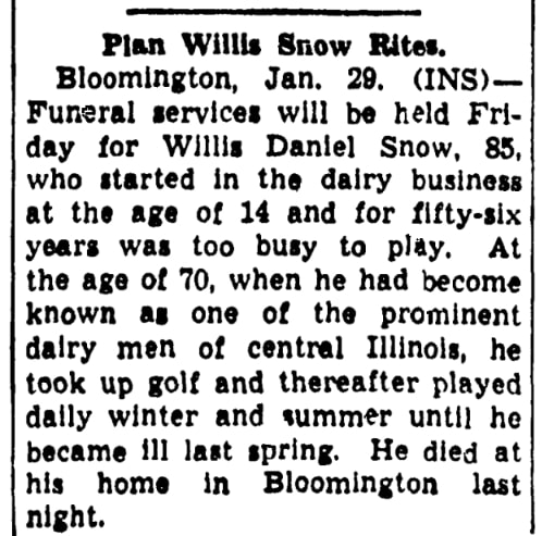 An article about Willis Snow, Illinois State Journal newspaper 30 January 1941