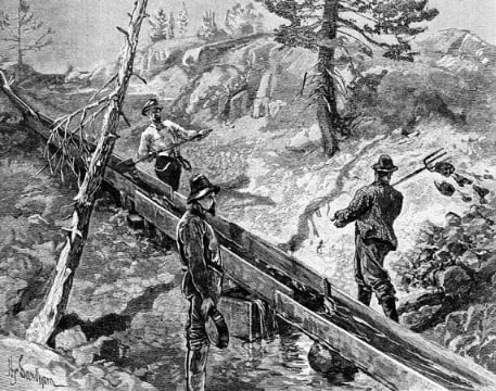 Illustration: "The Sluice"; hydraulic mining for gold in California. Published in "The Century" illustrated monthly magazine, January 1883. Credit: Henry Sandham; Library of Congress, Prints and Photographs Division.