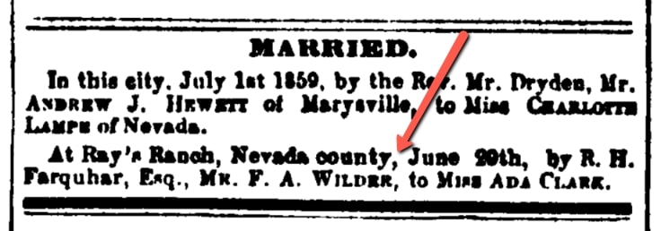 An article about the Wilder-Clark wedding, Nevada Democrat newspaper 6 July 1859