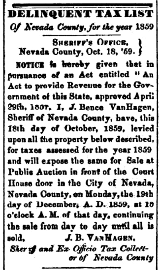 An article about a delinquent tax list, Nevada Journal newspaper 25 November 1859