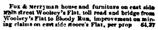 An article about Fox and Merryman on a delinquent tax list, Nevada Journal newspaper 25 November 1859