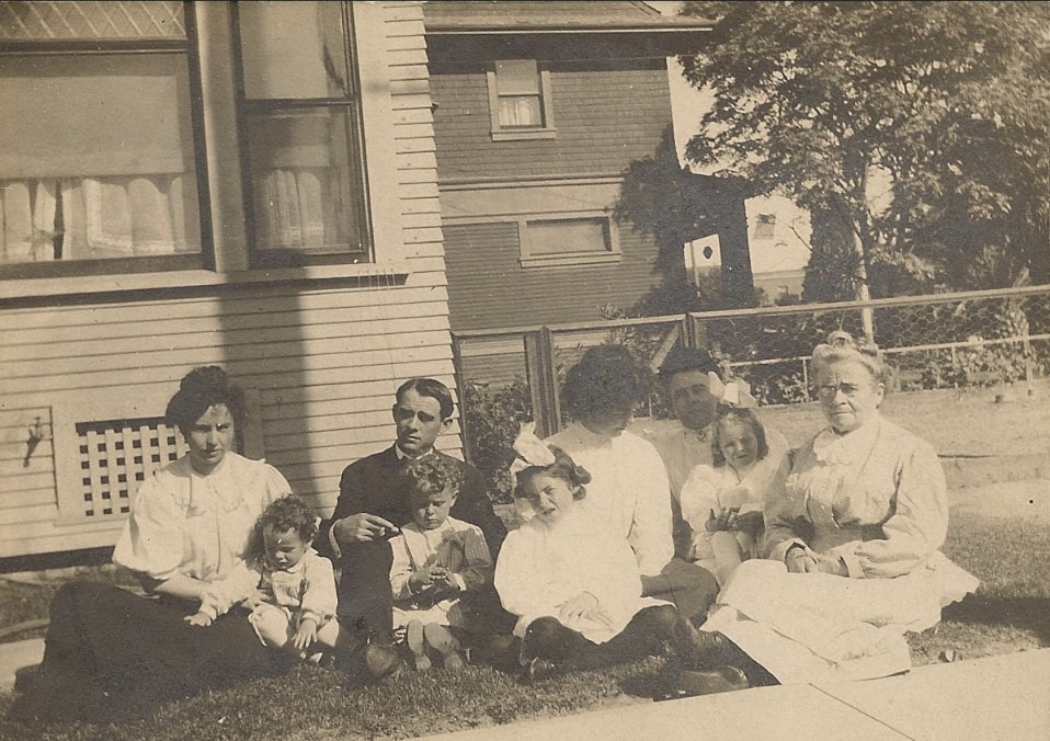 Photo: (Adults, left to right) Lizzie Nicholson’s daughter Dr. Anne M. Nicholson; Lizzie’s son George Henry Nicholson; George’s wife Clara Bangs; Lizzie’s daughter Genevieve Nicholson; and the matron of the family, Elizabeth “Lizzie” Charles Nicholson. (George and Clara’s children, left to right) Annie Louise Nicholson (married Thomas J. Dunnigan); George H. Nicholson (married Doris E. Richabaugh); Eugenia Nicholson (married Joseph Fox); and Mary Elizabeth Nicholson (married Samuel Henry Luitwieler). Credit: Luckow family.