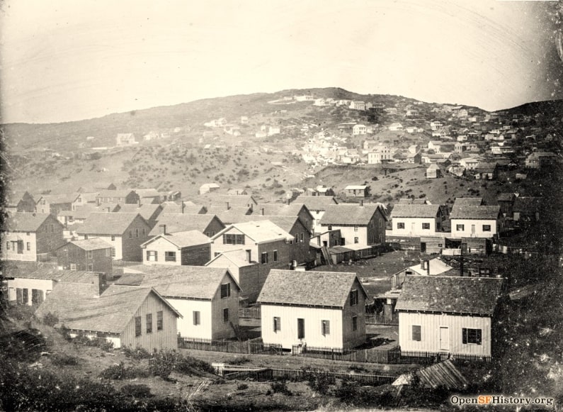 Photo: San Fransisco, California, c.1850, view northwest to Nob Hill. Copied from a daguerreotype. Credit: OpenSFHistory.org