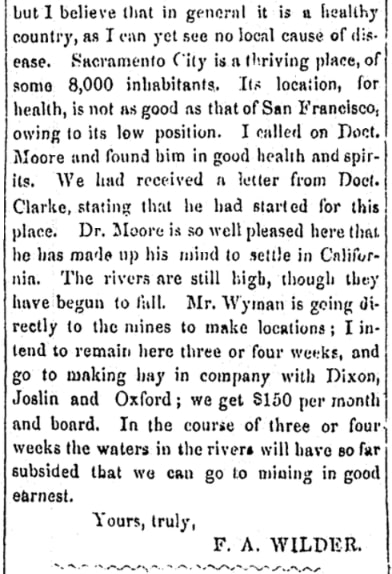 A letter from F. A. Wilder, Rockford Forum newspaper 31 July 1850