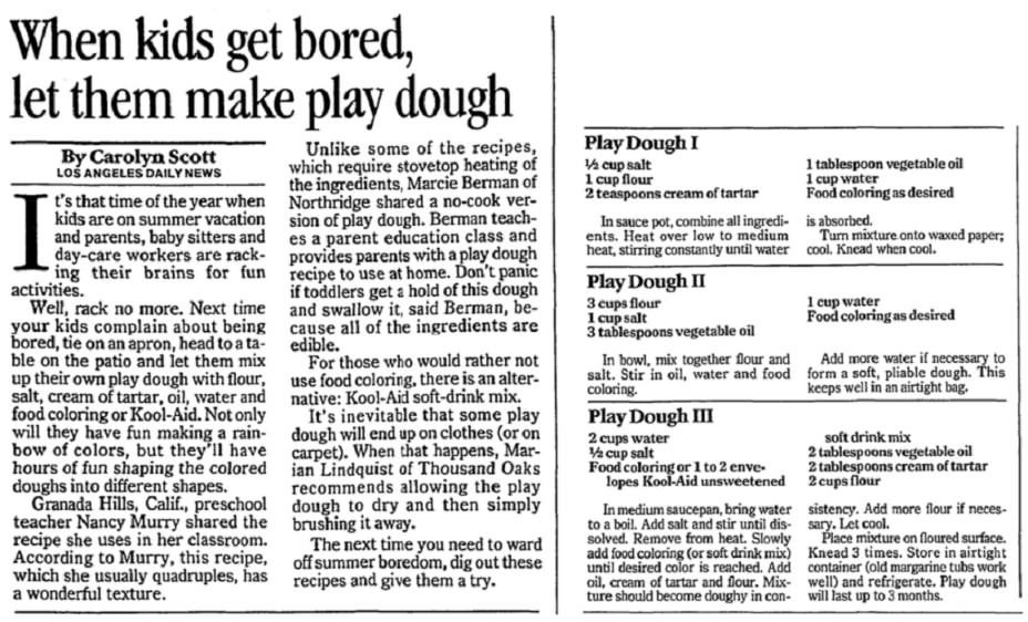 An article about play dough, Sarasota Herald-Tribune newspaper 3 July 1997