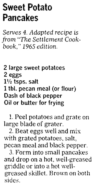 A recipe for sweet potato pancakes, Advocate newspaper 24 April 2009