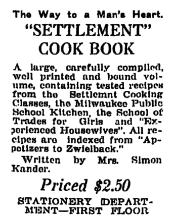 An article about "The Settlement Cook Book," Bay City Times Tribune newspaper 3 February 1922