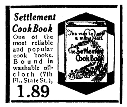 An article about "The Settlement Cook Book," Chicago Daily News newspaper 9 April 1929