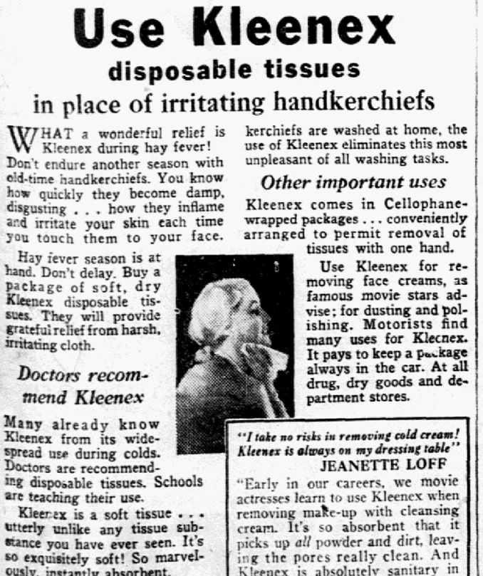 An article about tissues, Dallas Morning News newspaper 9 September 1931