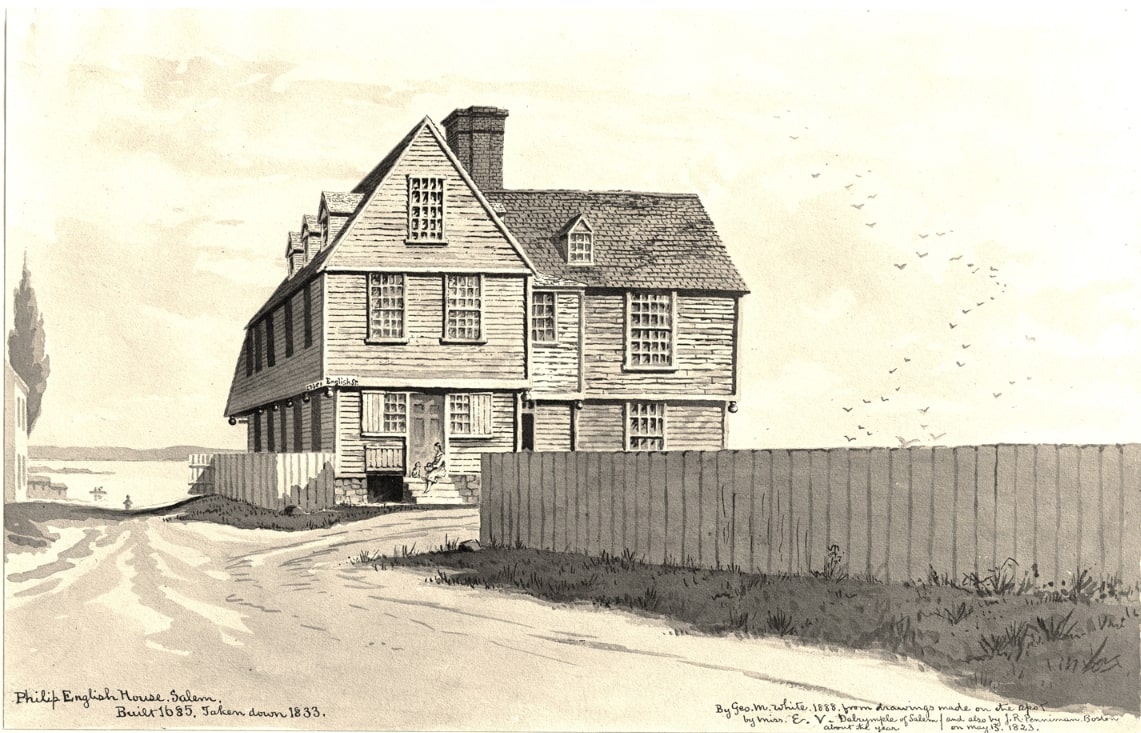 Illustration: the Phillip English house, the “English Great Howse” in Salem, Massachusetts, built 1690, taken down 1833. Credit: Frank Cousins Collection, Phillips Library PEM, located in Rowley, Massachusetts. Courtesy of Digital Commonwealth.