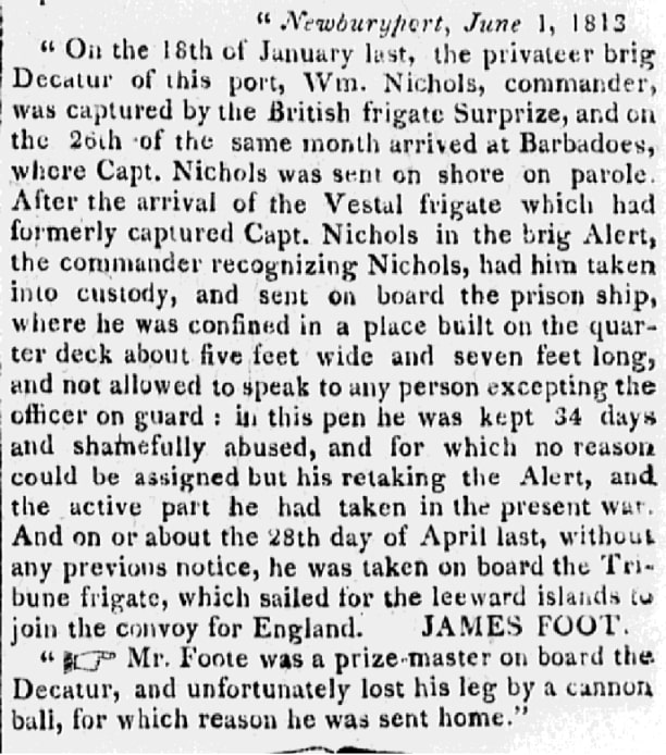 An article about Capt. William Nichols, Intelligencer newspaper 24 June 1813