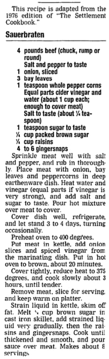 A recipe for sauerbraten, Milwaukee Journal Sentinel newspaper 18 April 2001