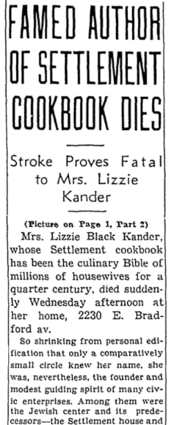 An article about LIzzie Kander, Milwaukee Sentinel newspaper 25 July 1940