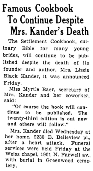 An article about "The Settlement Cook Book," Milwaukee Sentinel newspaper 27 July 1940