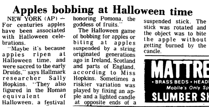 An article about bobbing for apples, Mobile Register newspaper 9 October 1977
