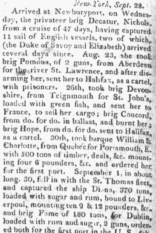 An article about Capt. William Nichols, New Jersey Journal newspaper 6 October 1812 