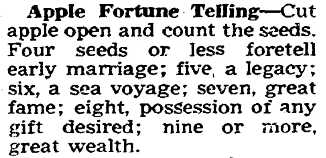 An article about using apples to predict the future on Halloween, Omaha World-Herald newspaper 30 October 1955