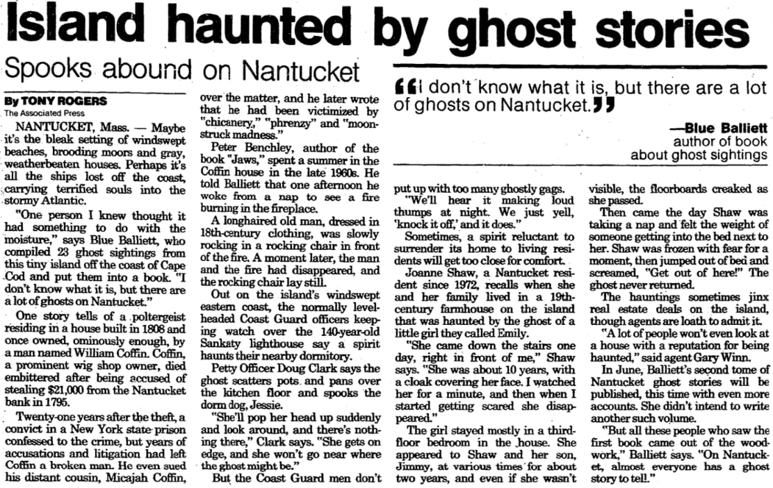 An article about ghosts on Nantucket, Rockford Register Star newspaper 5 March 1990