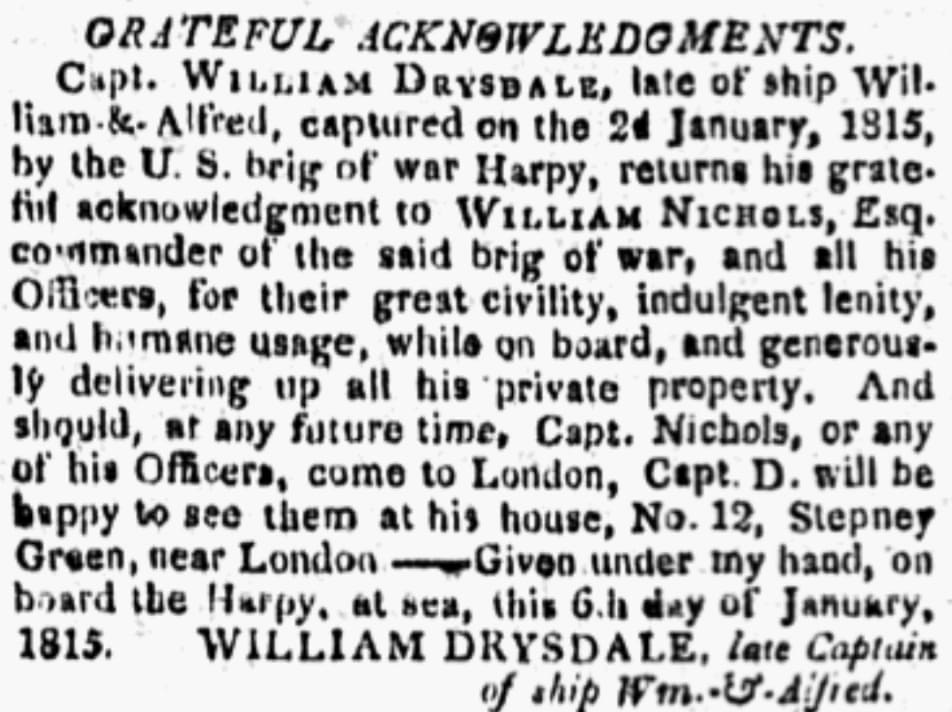 An article about Capt. William Nichols, Salem Gazette newspaper 7 February 1815