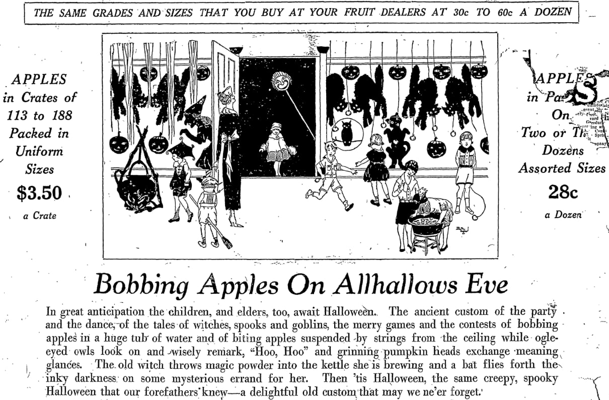 An article about bobbing for apples, San Antonio Light newspaper 29 October 1919
