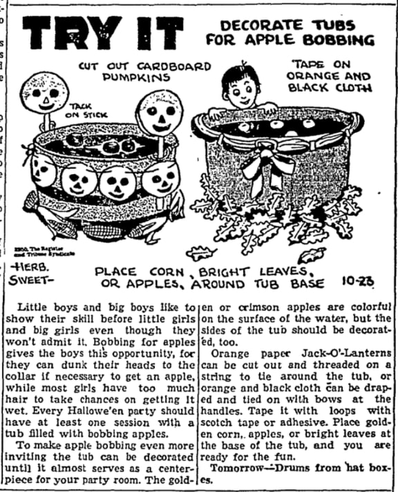 An article about bobbing for apples, Staten Island Advance newspaper 23 October 1950