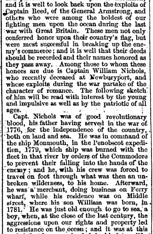 An article about Capt. William Nichols, Sunday Dispatch newspaper 19 April 1863