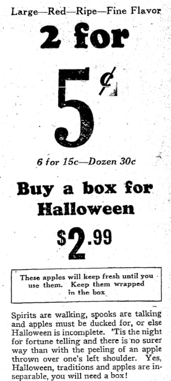 An article about using apples to predict the future on Halloween, Times-Picayune newspaper 31 October 1928