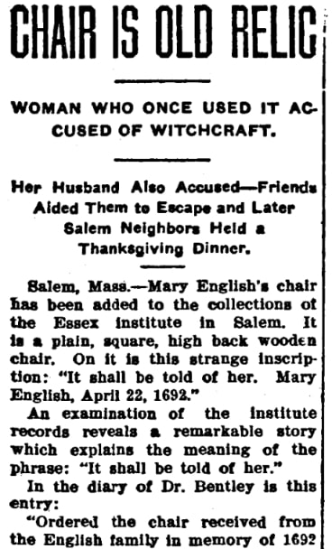 An article about a chair owned by Philip and Mary English, Winchester News newspaper 23 February 1909