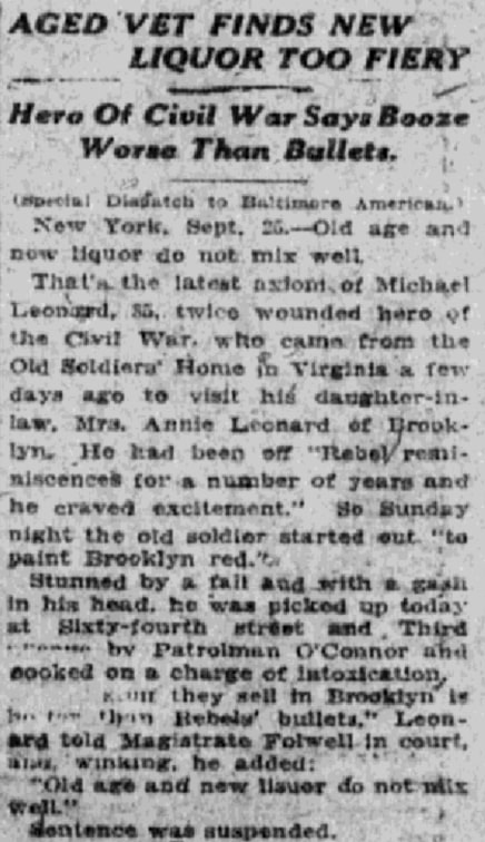 An article about Michael Leonard, Baltimore American newspaper article 26 September 1922